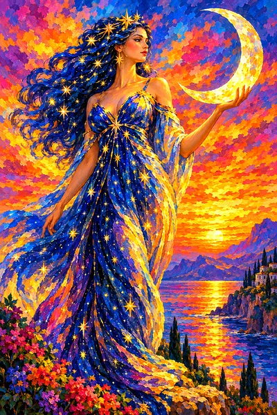 Portrait view of an impressionistic diamond painting of a celestial moon goddess made of stars under a vivid sunset sky, with radiant colors and dappl