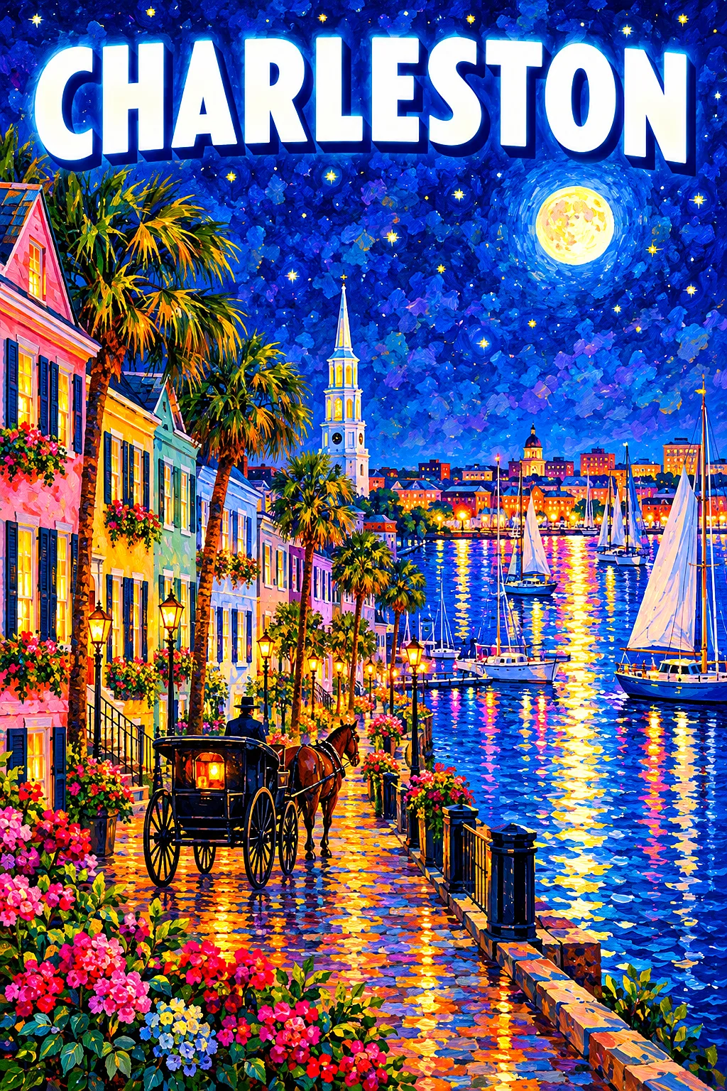 Impressionist diamond painting of a Charleston waterfront at night with pastel houses, palmettos, carriage, sailboats, starry indigo sky, glowing moon