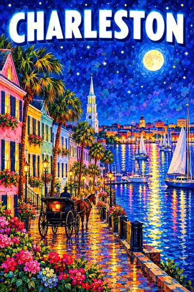 Impressionist diamond painting of a Charleston waterfront at night with pastel houses, palmettos, carriage, sailboats, starry indigo sky, glowing moon