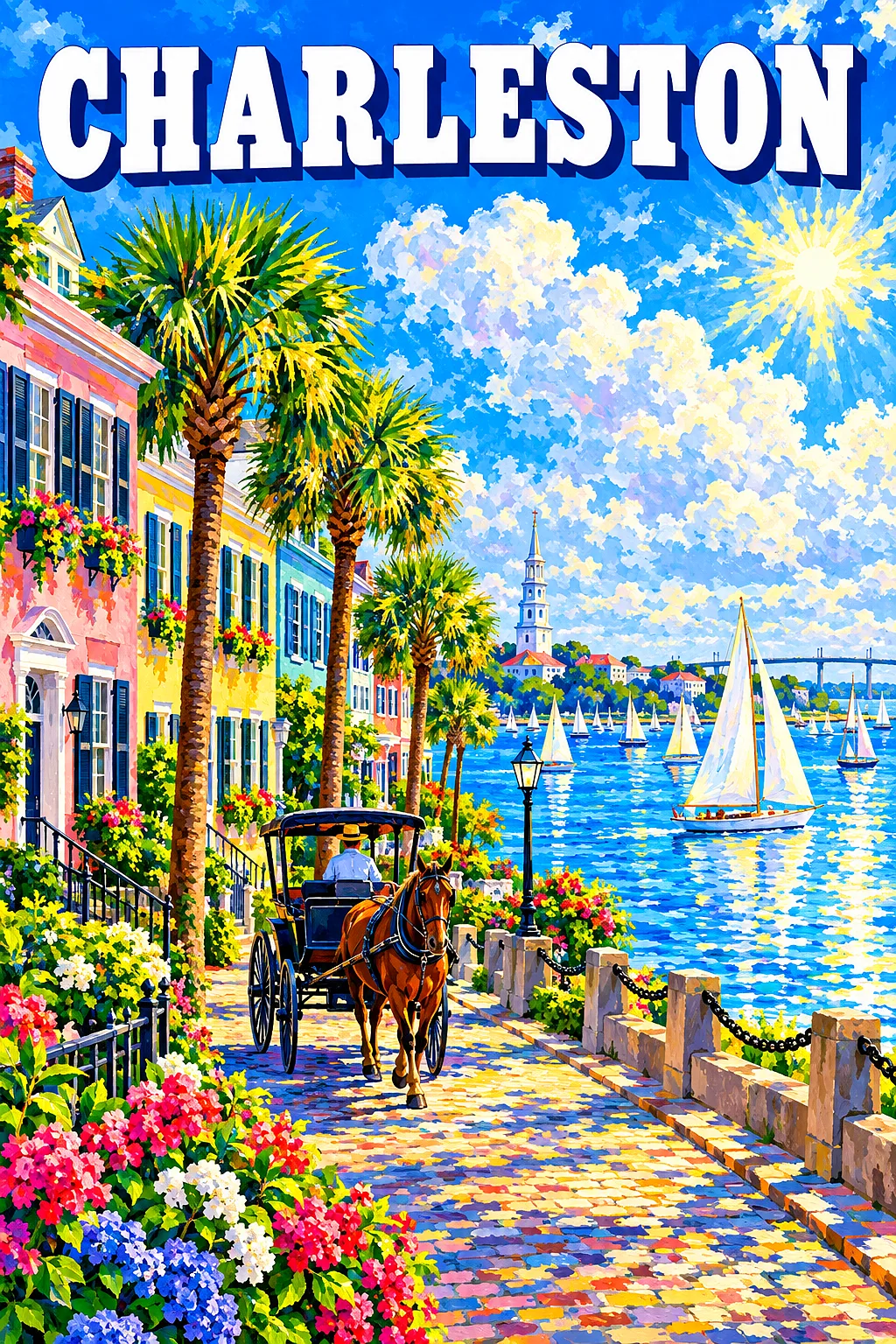 Impressionistic diamond painting kit of a sunny Charleston waterfront with pastel houses, palmettos, a carriage, and sailboats in a harbor under a blu
