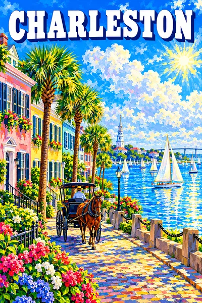 Impressionistic diamond painting kit of a sunny Charleston waterfront with pastel houses, palmettos, a carriage, and sailboats in a harbor under a blu