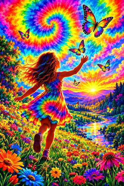 Portrait diamond painting of a little girl chasing glowing rainbow butterflies in a psychedelic tie-dye meadow, with dramatic rim lighting and deep co