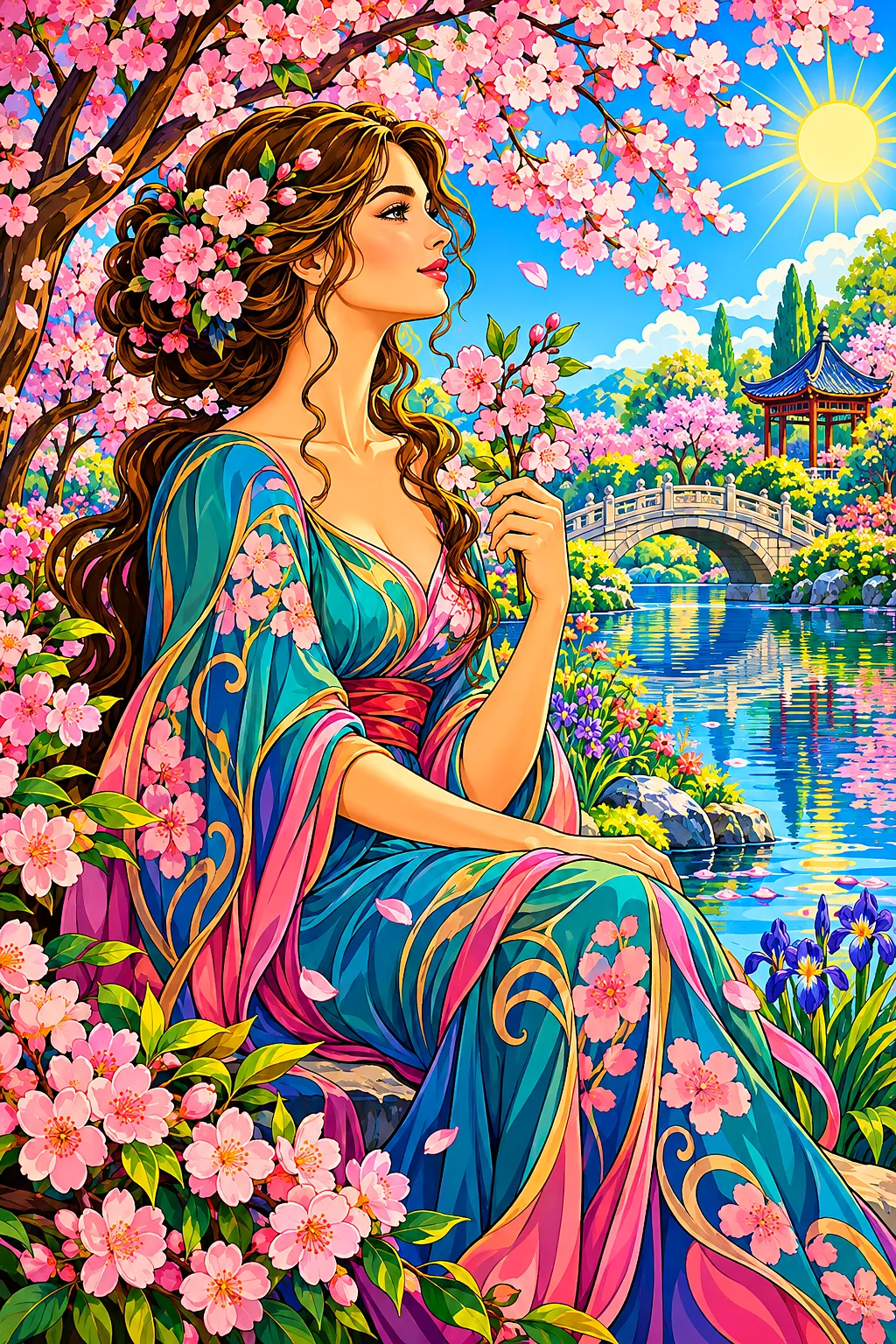 Portrait diamond painting kit of an art nouveau illustration depicting a cherry blossom park in rich jewel tones on a bright, sunny day.