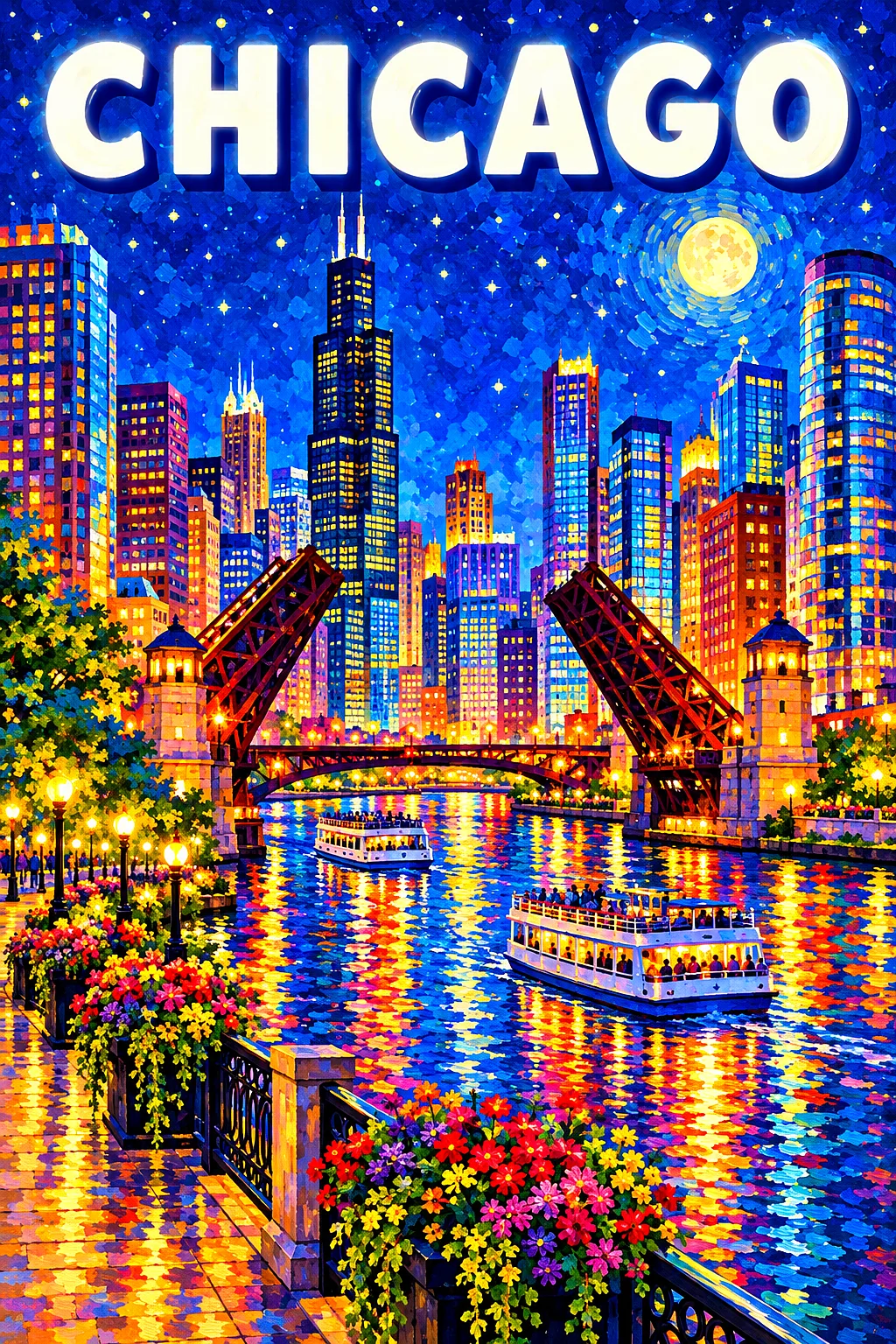 Portrait diamond painting of an impressionistic city skyline at night with a lake, river, bridges, boats, and glowing buildings under a starry sky.
