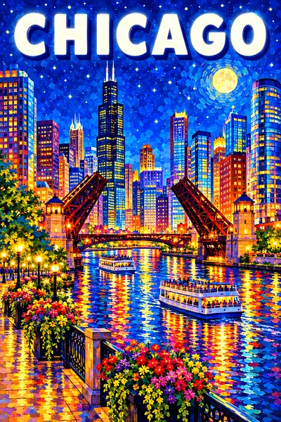 Portrait diamond painting of an impressionistic city skyline at night with a lake, river, bridges, boats, and glowing buildings under a starry sky.