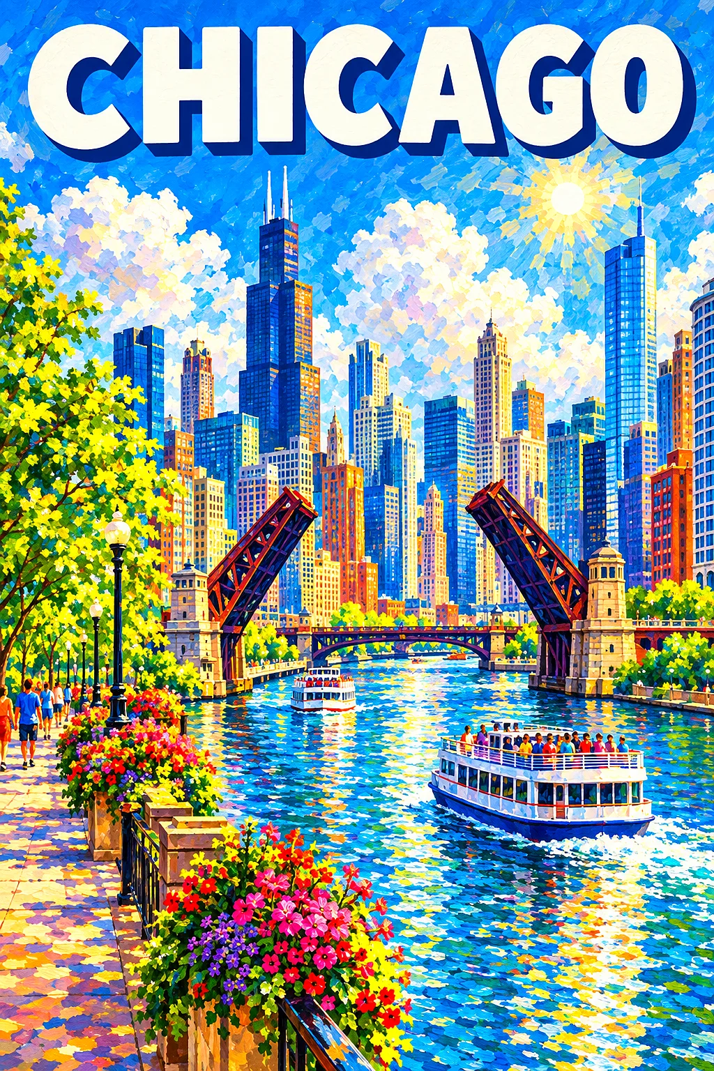 Impressionist diamond painting depicting a sunny Chicago cityscape with a river, drawbridges, tour boats, and flower planters under a blue sky.