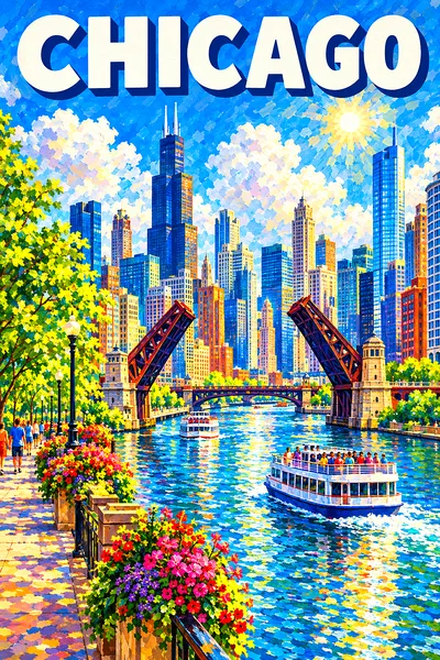 Impressionist diamond painting depicting a sunny Chicago cityscape with a river, drawbridges, tour boats, and flower planters under a blue sky.