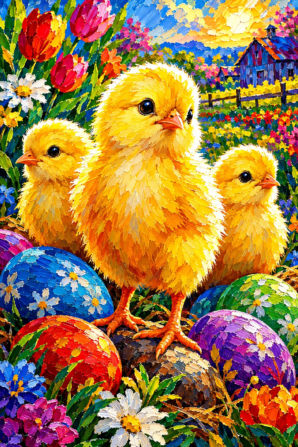 Close-up portrait view of a diamond painting depicting two fluffy yellow baby chicks pecking at brightly painted and patterned Easter eggs, with drama