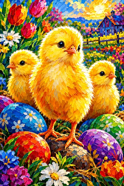 Close-up portrait view of a diamond painting depicting two fluffy yellow baby chicks pecking at brightly painted and patterned Easter eggs, with drama