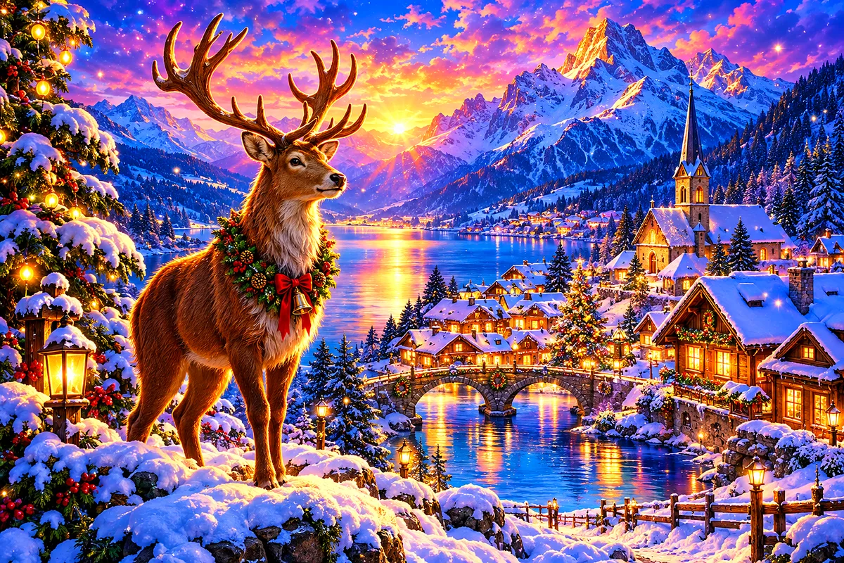 A dreamy fantasy illustration of a snowy alpine village at Christmas, with glowing light and magical sparkles under a dark sky, in a landscape orienta