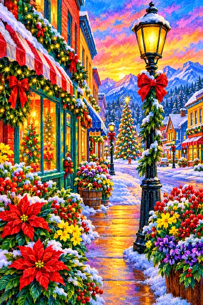 A vibrant, soft pastel diamond painting depicting a festive small-town main street at Christmas, bordered by colorful flowers, in portrait orientation