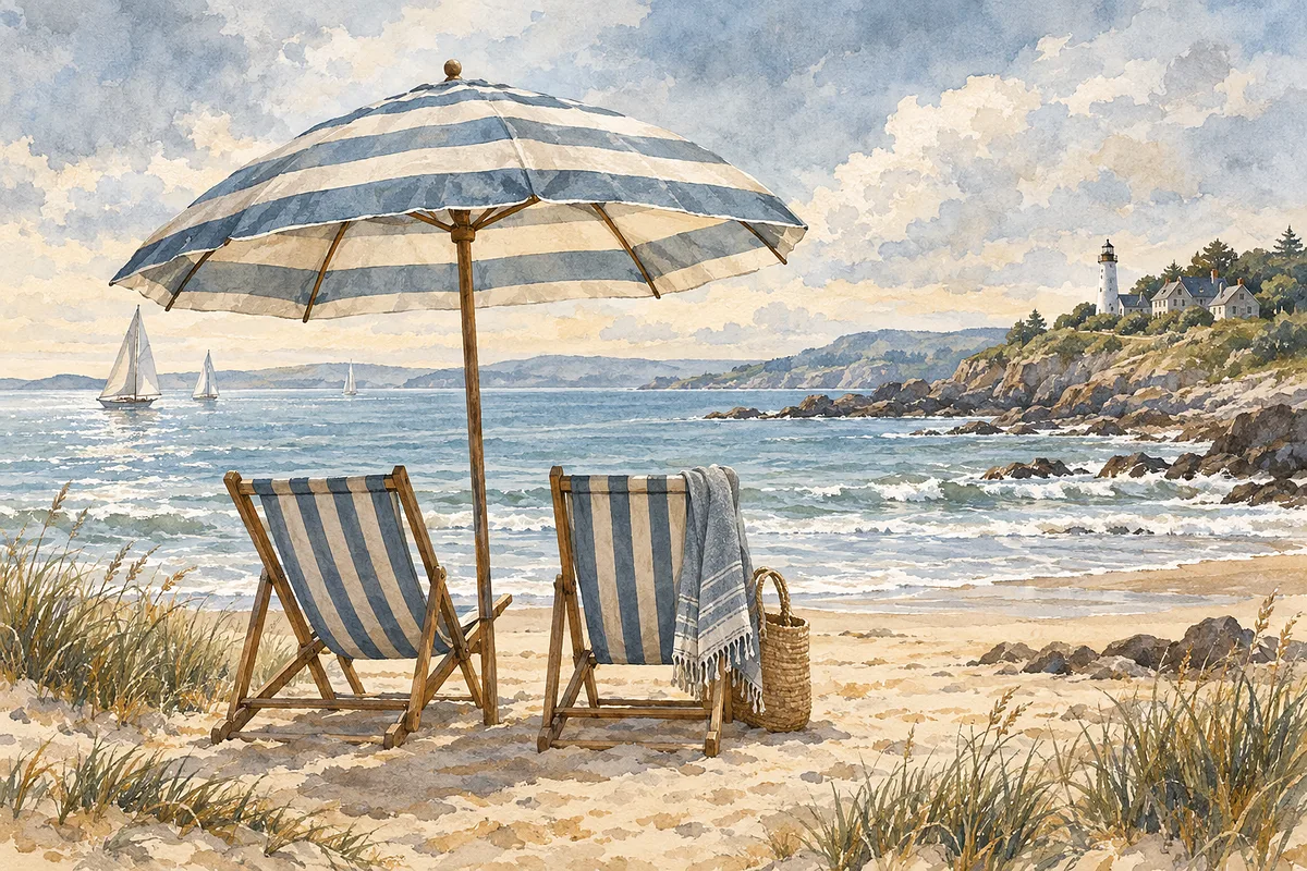 A landscape diamond painting kit featuring two beach chairs under a striped umbrella in delicate ink and watercolor wash, using muted slate blue, grey