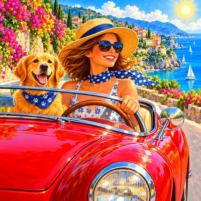 Close-up whimsical storybook illustration of a cheerful classic convertible with soft glowing light, driving on a coastal road, square composition