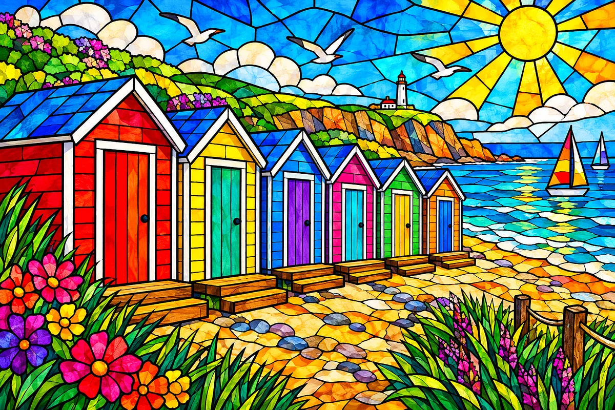 A completed diamond painting featuring a row of vibrant, jewel-toned beach huts rendered in a stained glass mosaic style, set against a bright sunny s