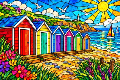 A completed diamond painting featuring a row of vibrant, jewel-toned beach huts rendered in a stained glass mosaic style, set against a bright sunny s