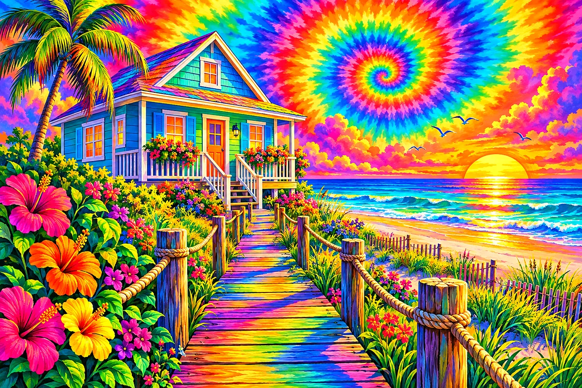Psychedelic tie-dye swirl art with glowing rainbow gradients depicting a beach cottage and a wooden boardwalk in bright spring colors.