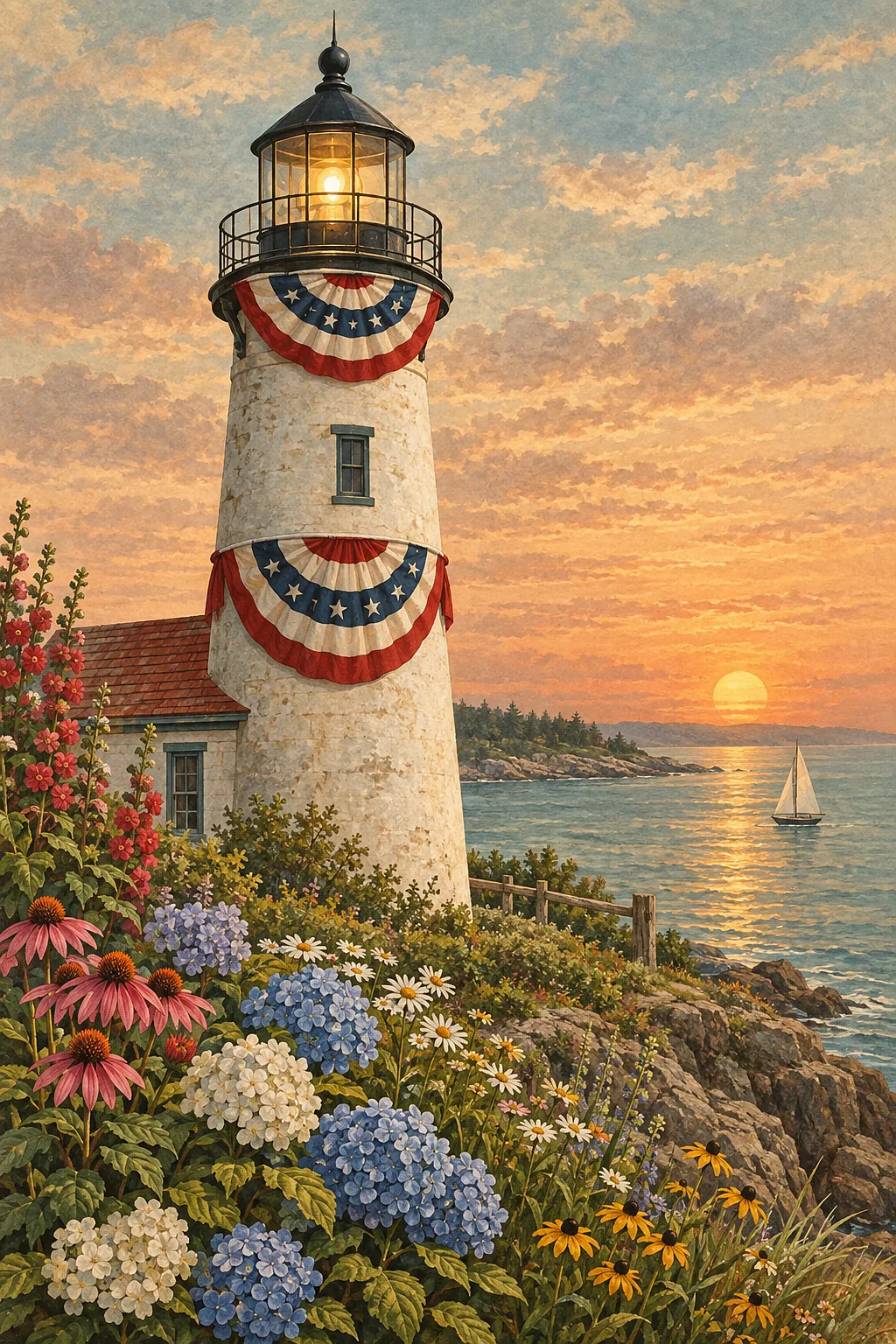 Portrait diamond painting of an antique hand-tinted lighthouse with patriotic bunting, surrounded by colorful flowers at sunset, in sepia, cream, and