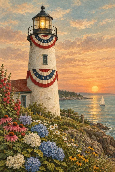 Portrait diamond painting of an antique hand-tinted lighthouse with patriotic bunting, surrounded by colorful flowers at sunset, in sepia, cream, and