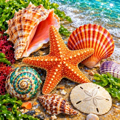 Close-up diamond painting kit of various seashells and a starfish resting on wet, sparkling sand, rendered in a detailed, colorful botanical illustrat