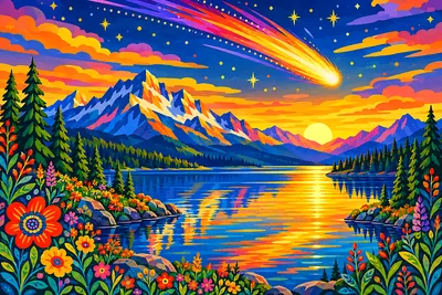 Comet over a mountain lake at golden hour with warm glowing light, bright folk art illustration