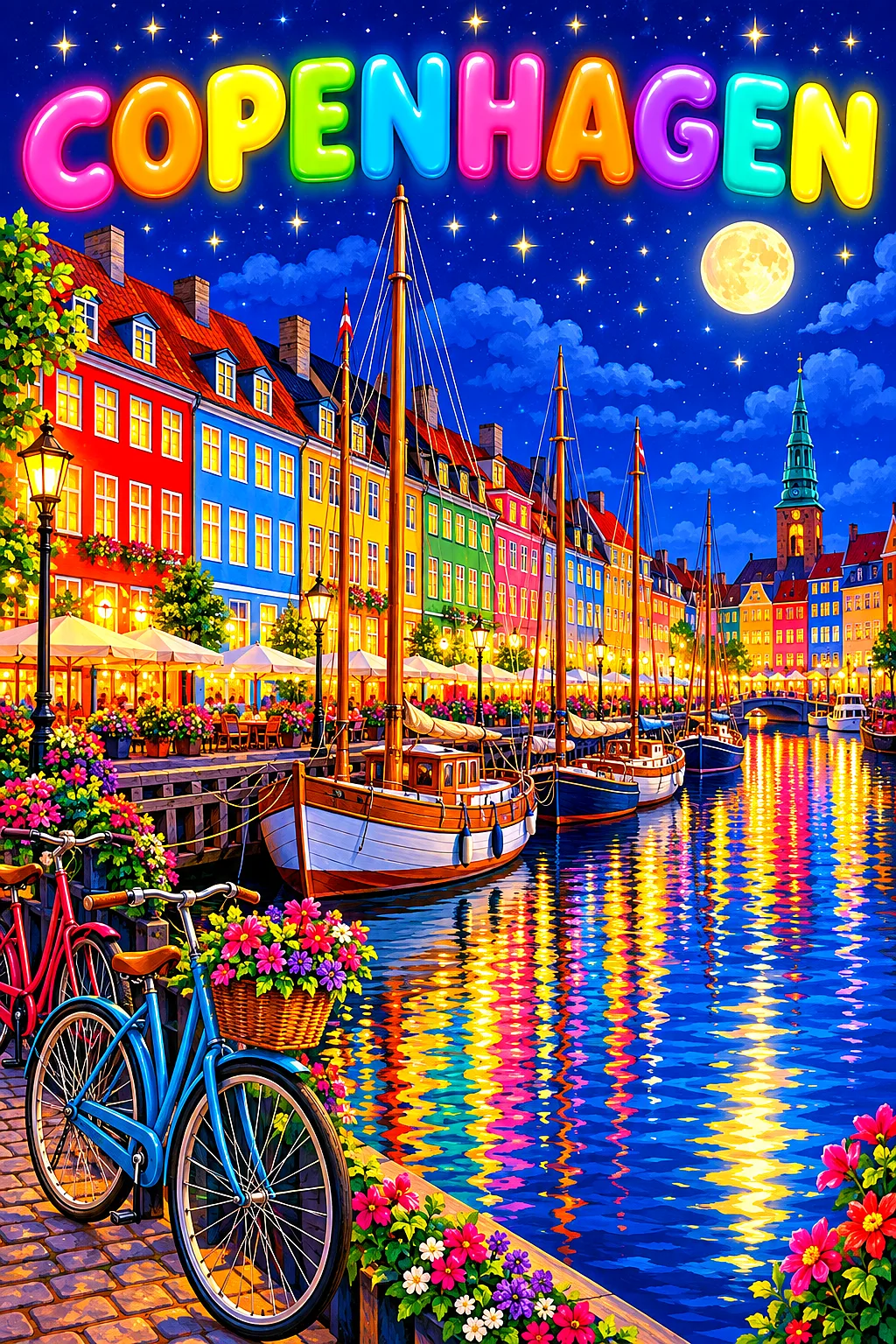 Whimsical diamond painting kit of Copenhagen at night, showing brightly colored townhouses along a canal with wooden sailboats, bicycles, a starry ind