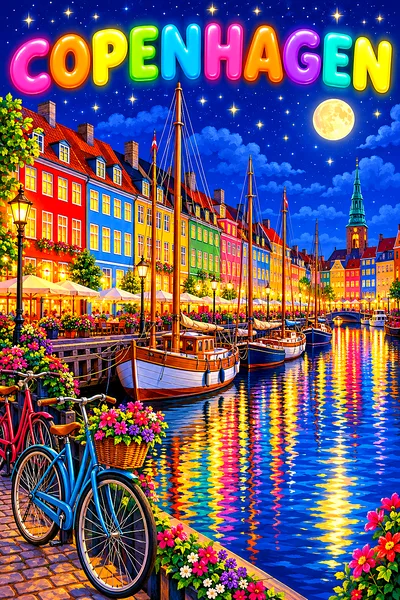 Whimsical diamond painting kit of Copenhagen at night, showing brightly colored townhouses along a canal with wooden sailboats, bicycles, a starry ind