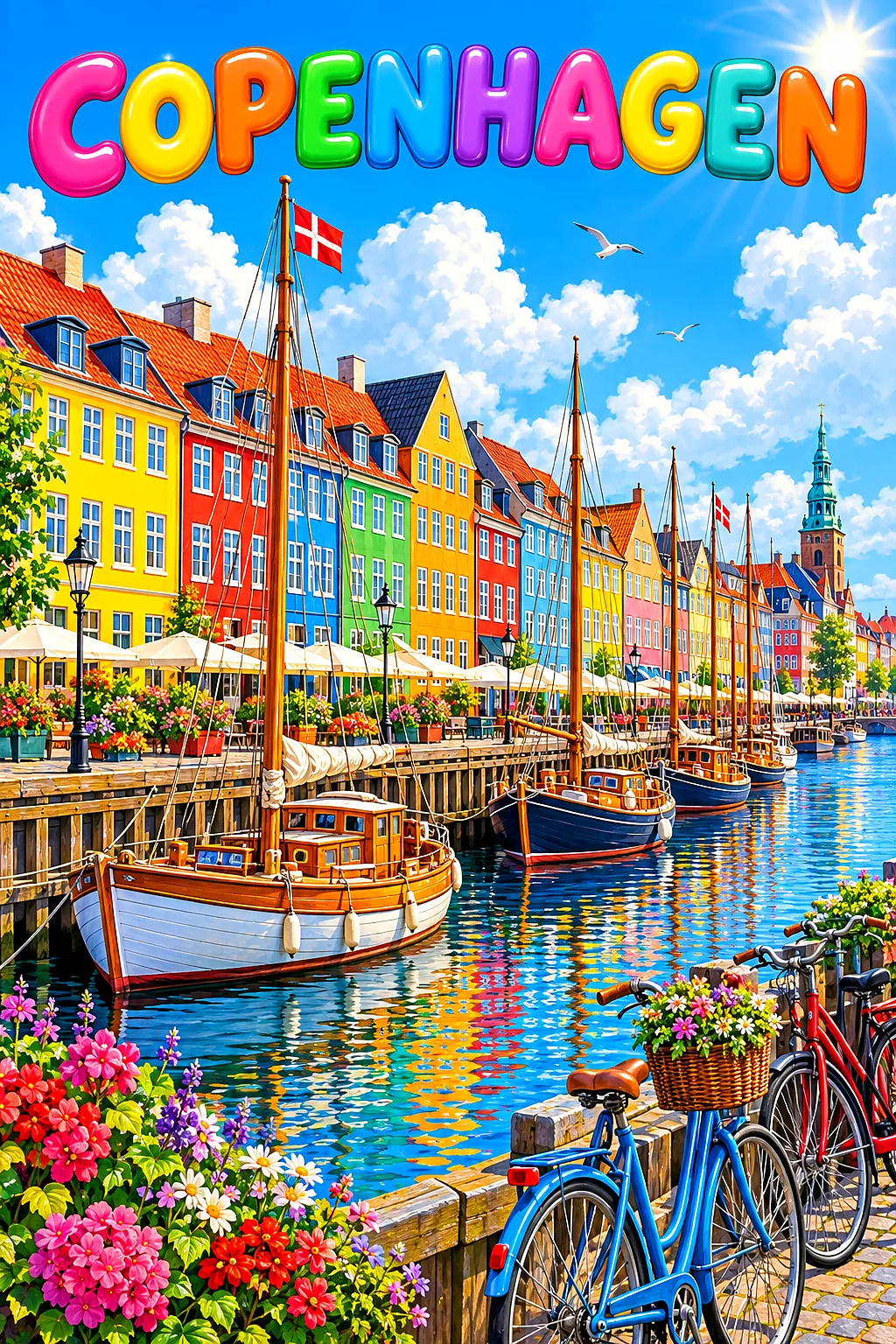 Whimsical storybook illustration of a Copenhagen canal with bright townhouses, wooden sailboats, bicycles, blue sky, fluffy clouds, and sparkling sunl