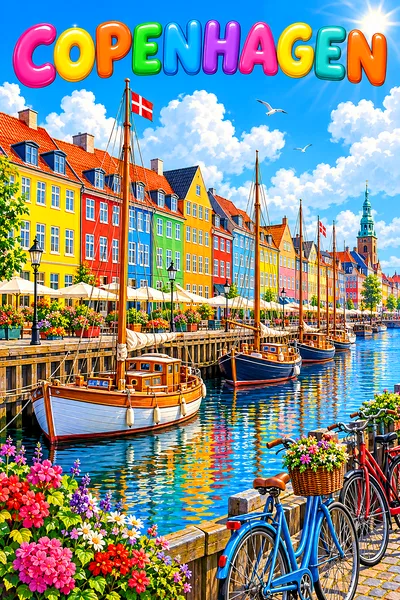 Whimsical storybook illustration of a Copenhagen canal with bright townhouses, wooden sailboats, bicycles, blue sky, fluffy clouds, and sparkling sunl