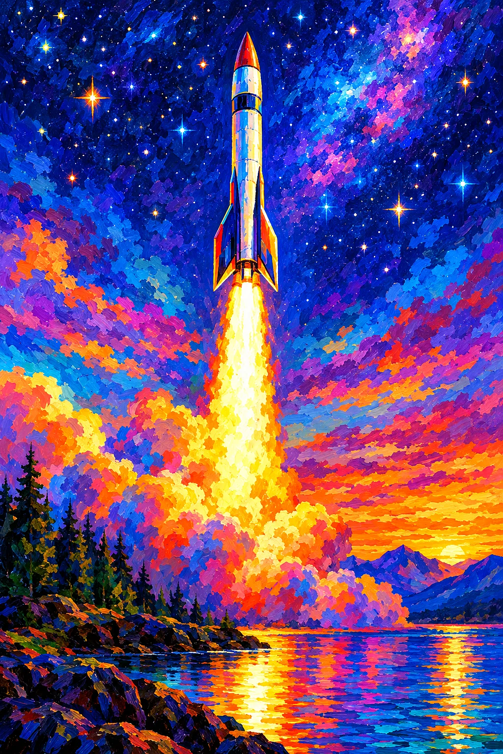 Impressionist diamond painting kit depicting a rocket launching into a starry, jewel-toned twilight sky with dappled light.