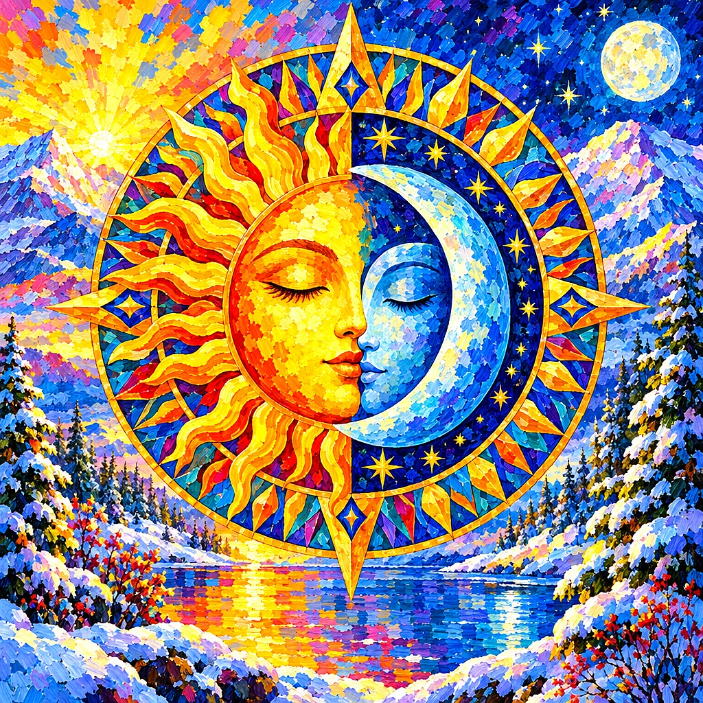 Square diamond painting kit featuring an impressionistic sun and moon mandala with radiant, dappled light and cool winter colors.