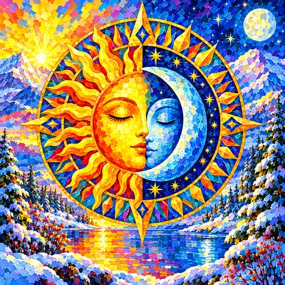 Square diamond painting kit featuring an impressionistic sun and moon mandala with radiant, dappled light and cool winter colors.