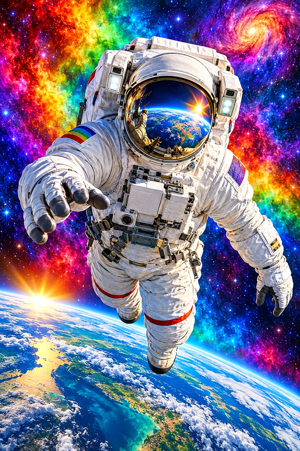 Hyper-realistic diamond painting kit depicting an astronaut in a spacesuit floating above Earth, surrounded by a rainbow-colored cosmic backdrop.