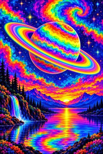 Portrait diamond painting of a saturn-like planet with glowing rainbow tie-dye rings against a jewel-toned twilight sky.