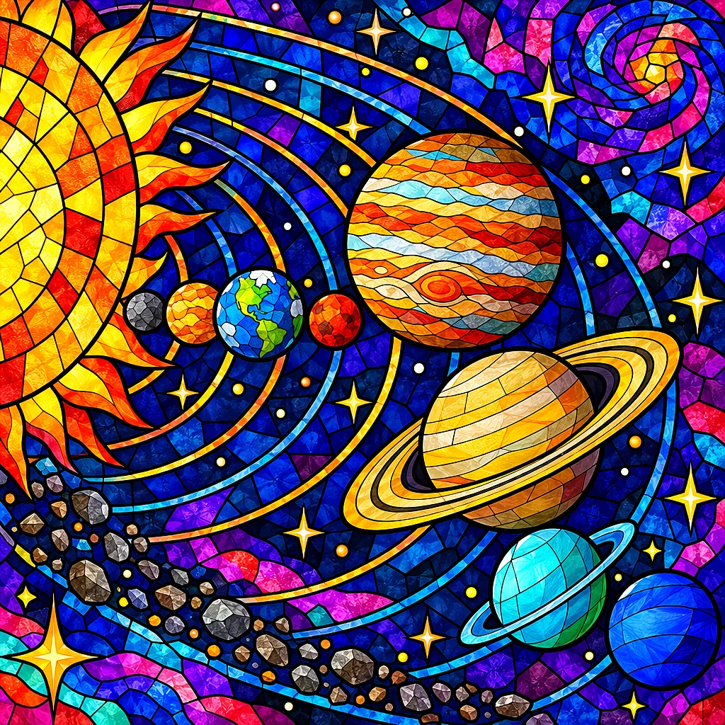 Close-up square diamond painting of the solar system in a jewel-toned stained glass mosaic style with bold dark outlines, showing planets in rich, vib