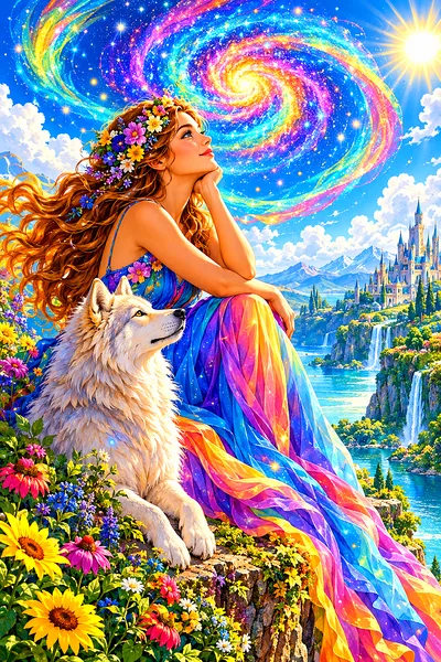 A completed diamond painting kit featuring a vibrant, swirling galaxy of color with glowing light and magical sparkles in a dreamy fantasy illustratio