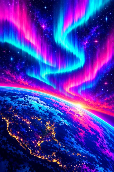 Diamond painting kit canvas depicting an aurora from space at twilight with magenta and cyan neon light in a retro synthwave style.