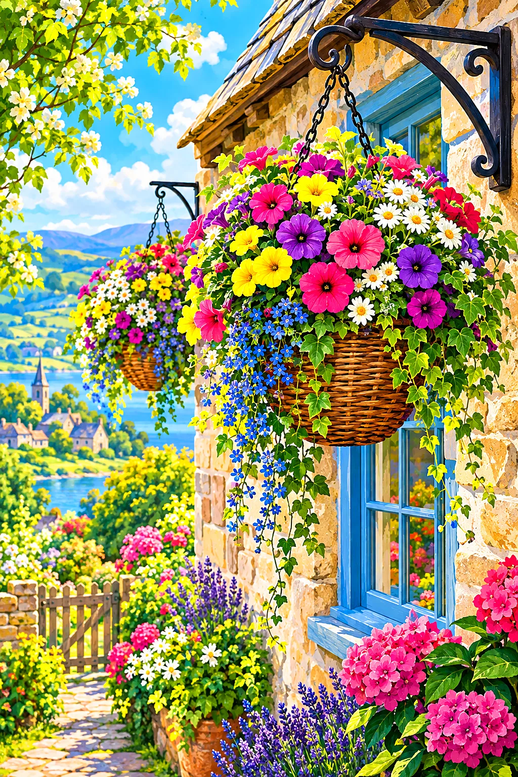 Portrait diamond painting of a whimsical cottage adorned with numerous colorful hanging flower baskets, glowing in bright spring light.