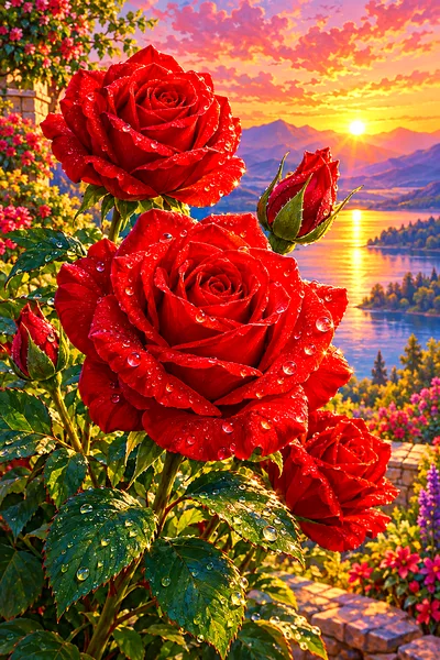 Close-up of a diamond painting depicting vibrant red roses with morning dew, in a cheerful sunrise palette of pink, orange, and gold, with cinematic l