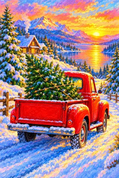 A vibrant, soft pastel diamond painting depicting a vintage red truck driving through snow, carrying a large Christmas tree, bathed in warm golden hou