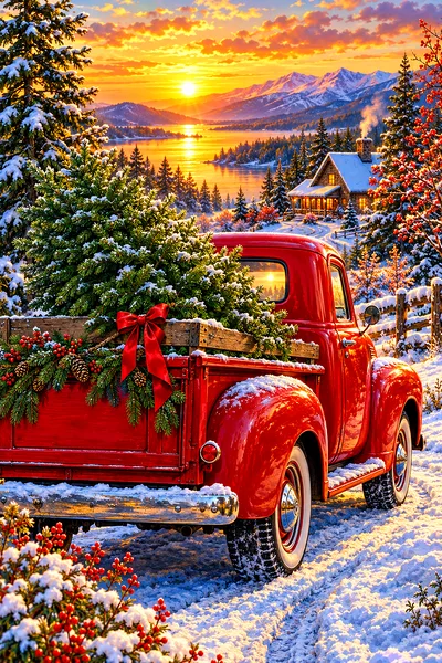 Portrait diamond painting of a vintage red pickup truck with a Christmas tree in its bed, parked in a snowy, botanical landscape bathed in golden hour