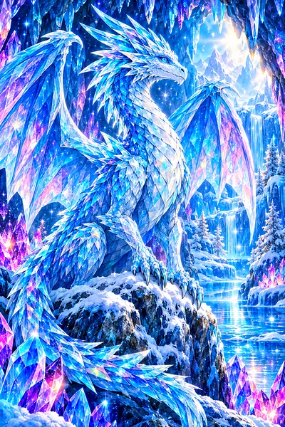 Close-up of a dreamy fantasy illustration of a glowing crystal ice dragon in a sparkling frozen cave, on a diamond painting canvas.