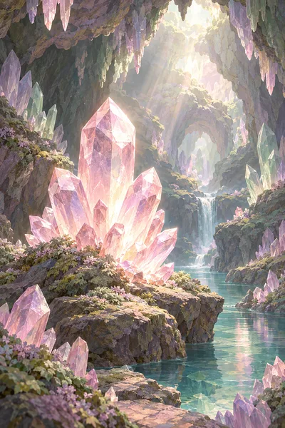 Portrait view of a soft, dreamy pastel painting of a crystal cave with glowing gems in powder pink, sage green, lavender, and cream, featuring dramati