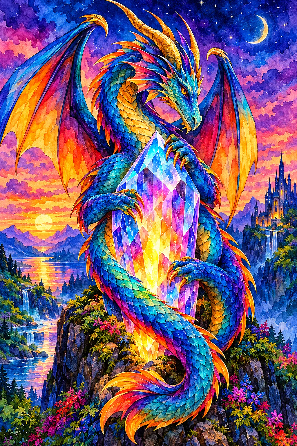 A luminous watercolor diamond painting depicting a majestic dragon with glowing scales, curled protectively around a bright, multifaceted crystal. The