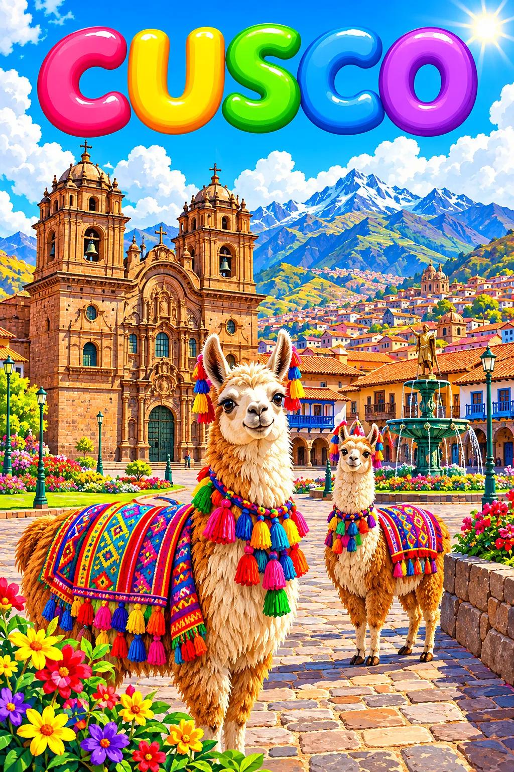 Whimsical diamond painting of a sun-drenched stone plaza in Cusco, Peru, with a colonial cathedral, llamas, and Andean mountains under a bright blue s