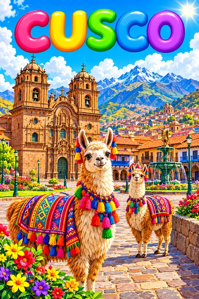 Whimsical diamond painting of a sun-drenched stone plaza in Cusco, Peru, with a colonial cathedral, llamas, and Andean mountains under a bright blue s