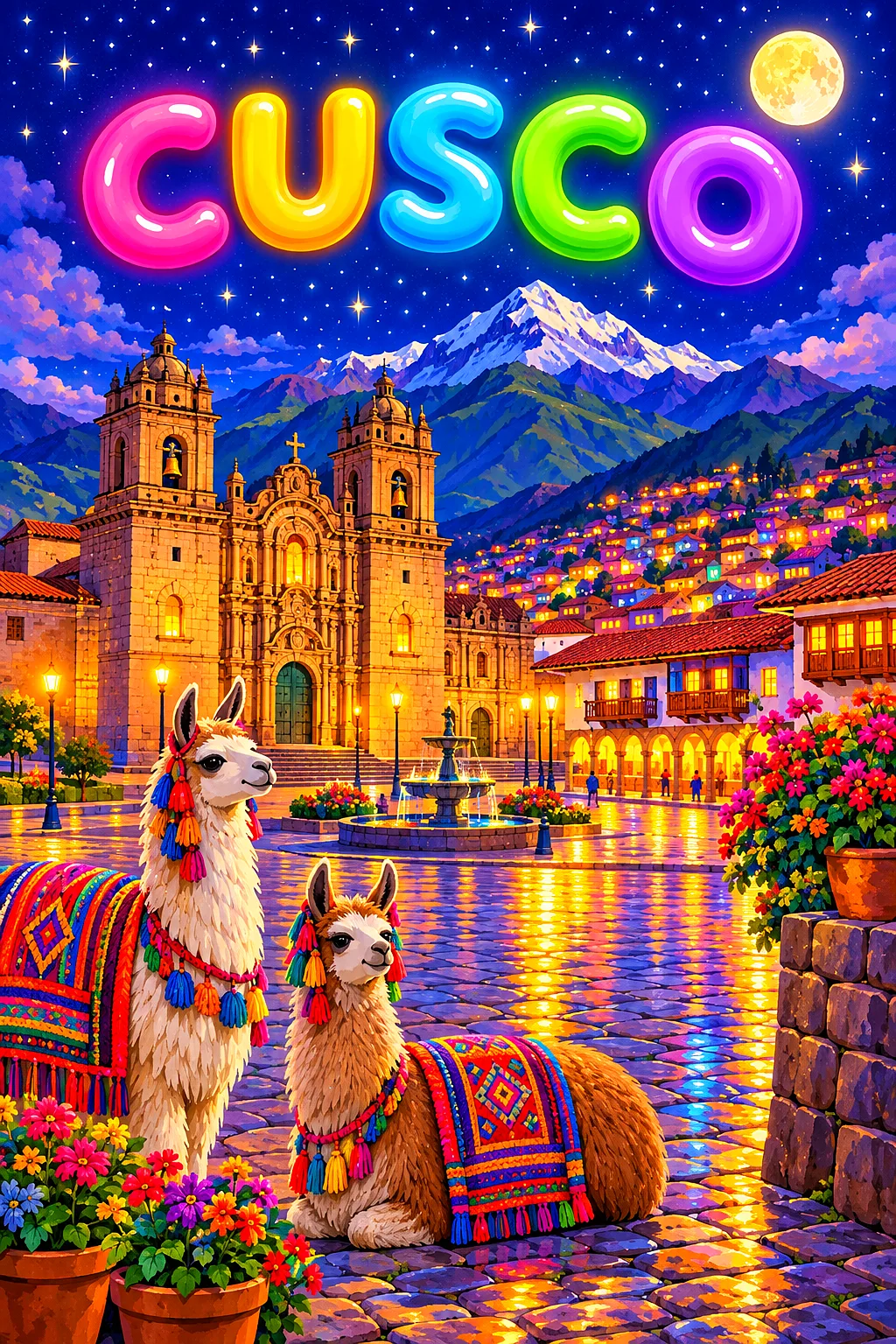 Whimsical portrait diamond painting depicting Cusco by night, with glowing colonial buildings, llamas, and mountains under a starry sky.