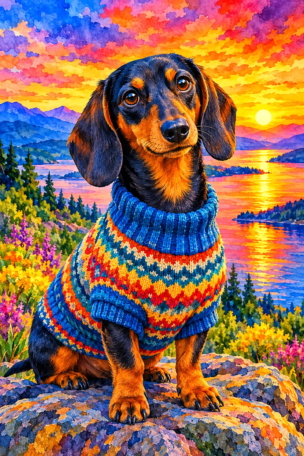 A portrait-oriented diamond painting kit design featuring a dachshund wearing a knit sweater, silhouetted against a luminous watercolor sunset sky wit