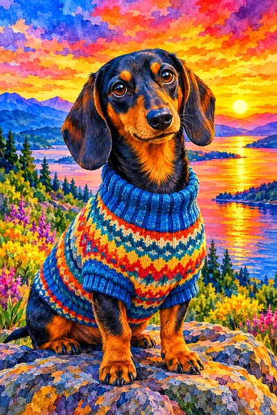 A portrait-oriented diamond painting kit design featuring a dachshund wearing a knit sweater, silhouetted against a luminous watercolor sunset sky wit