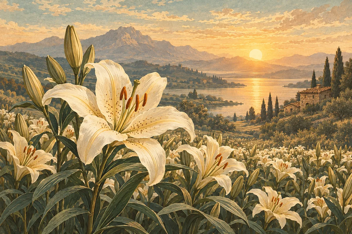 Antique hand-tinted illustration of a field of lilies at dawn with soft sepia, cream, and faded teal tones, bathed in warm golden light, landscape ori