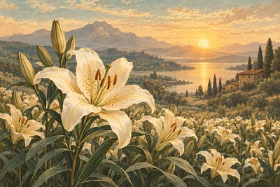 Antique hand-tinted illustration of a field of lilies at dawn with soft sepia, cream, and faded teal tones, bathed in warm golden light, landscape ori